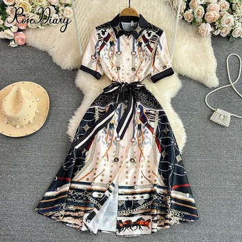 Лятно дамско винтажное рокля с къс ръкав от известни личности Сицилия, отложной яка, колан с флорални принтом, елегантна вечерна рокля midi