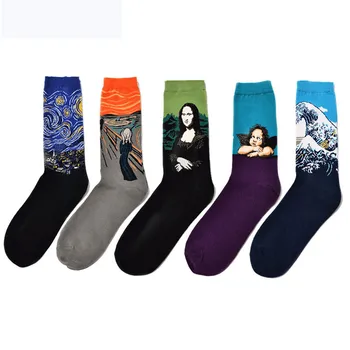 5 Чифта чорапи, Трендови мъжки чорапи голям размер, серия Crazy маслени Бои, Мъжки и дамски Чорапи, Мъжки памучни чорапи, Дълги чорапи