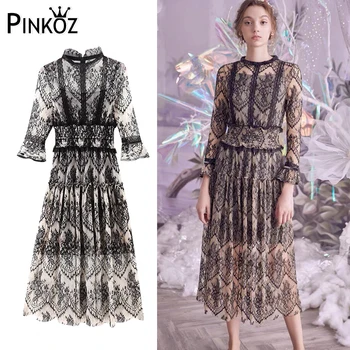 Pinkoz дамски комплекти от две части-рокля миди със завързана яка-часова елегантен висококачествен еластичен халат с черен цвят, с дълъг ръкав за пролет-есен