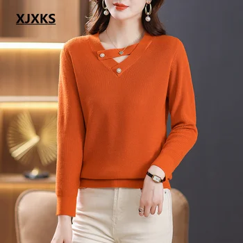 XJXKS/ обикновен универсален женски пуловер 2023, пролет-есен нова вълна вязаный еластичен пуловер, женски жилетка