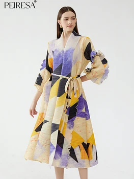 PEIRESA Miyake Луксозно плиссированное рокля миди с принтом за жени, V-образно деколте, Седем ръкави, яка, вечерни рокли от дантела, Новост Лятото 2023 г.