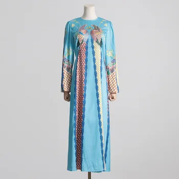 Пролетно-лятно женствена рокля Подиумной на модата с дълъг ръкав с флорални принтом Паун Синьо небе Елегантен Дълъг празничен костюм за почивка