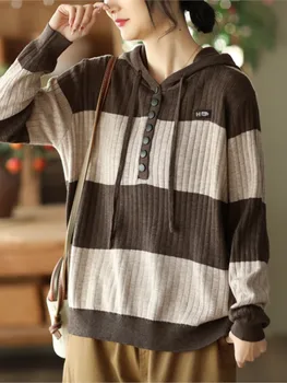 Demisezonnyj женски пуловер в ретро стил, новост 2023, възли свободни ежедневни блузи на райета с качулка