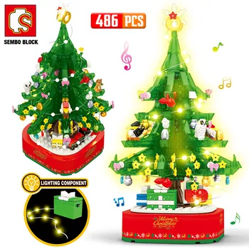 SEMBO BLOCK Коледна тема Въртяща се светодиодна светещо музикално ковчег Строителни блокове САМ City Играчки за Коледната елха Коледен подарък