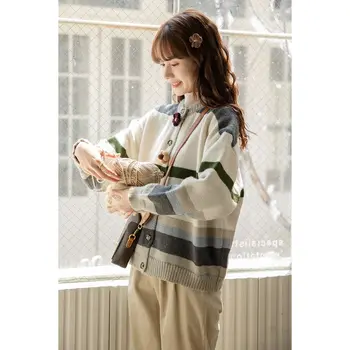 Дамски пролетно-есенен пуловер, вязаный жилетка в райе, с кръгло деколте, модерни дневни къси блузи с дълъг ръкав в корейски стил, новост 2023 I41
