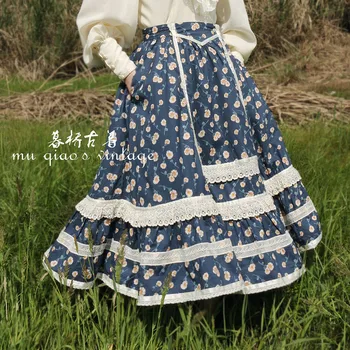 Пролетни дамски универсални памучни поли 1980-те години в ретро стил Mori Момиче Cottagecore Син цвят с флорални принтом