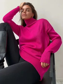 Розово Червено есенно-зимния женски пуловер пуловер 2022, на база зелена жилетка с висока воротом, реколта възли блузи за жени