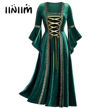 Средновековна рокля, ретро рокля от епохата на Възраждането, женски костюм за cosplay на Хелоуин облекло за cosplay, бархатное рокля с изгорени ръкави от дантела