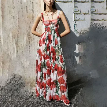 2023 Летни дамски копринени рокли с флорални принтом на подтяжках и отворен гръб, модерно плиссированное рокля с висока талия за празнични партита