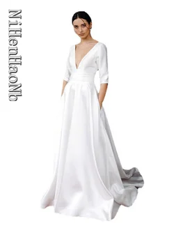 Елегантна Сватбена рокля 2023 година с V Образно деколте и ръкав Три четвърти без облегалка, Придворен струята, Robe De Mariee