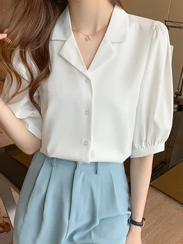 Блуза Дамски Офис бяла шифоновая блуза с къс ръкав, потници дамски Blusas Mujer De Moda 2023 Verano, блузи Camisas F462