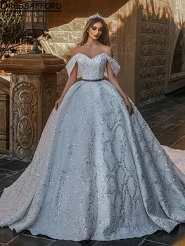 Романтично бална рокля на принцеса от Дубай с декорация във формата на кристали, булчинска рокля с открити рамене, сватбена рокля от Саудитска Арабия с пайети