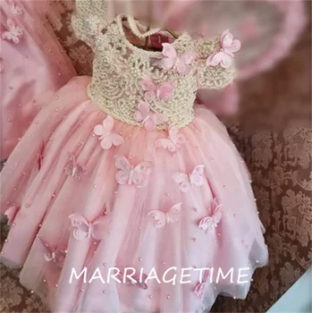 Розова рокля трапецовидна форма за по-малките момичета на рожден ден с кръгло деколте, диференцирани пищни детска рокля от плат за първия рожден ден за момичета