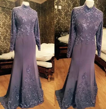 Мюсюлмански Елегантни официални вечерни рокли с дълги ръкави Работа-лилав цвят С дантелен аппликацией 