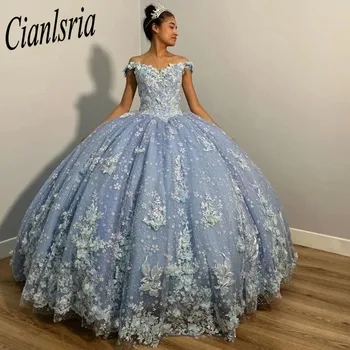 Луксозно рокля с V-образно деколте Sweet 16 2023 с Отделяющимся влак, Кружевными апликации, 3D цветя, бална рокля на принцеса, Vestidos De 15 Años