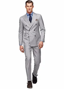 Костюми с остри ревери, светло сив модерен смокинг сако за мъжете (яке + панталон + вратовръзка + носни кърпи), индивидуален мъжки костюм