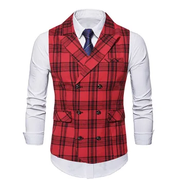 Червени карирани жилетка за мъжете, шотландски карирани жилетка, ежедневни мъжки дрехи за партита, двубортный жилетка без ръкави, изработена по поръчка, голям размер