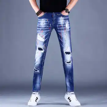 X03722 Модерни мъжки дънки 2023 за подиум, луксозен известна марка, европейски дизайн, стил партита, мъжки дрехи