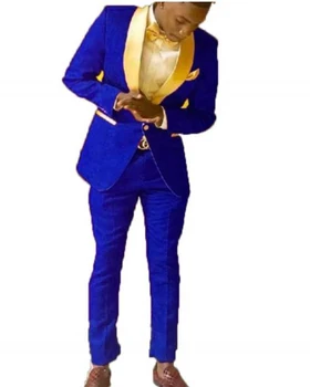 Кралско синьо палто, панталони, мъжки костюм, 2 бр. жълт шал с ревери, бизнес всекидневни висококачествени мъжки костюми, булчински костюм (яке + панталон)
