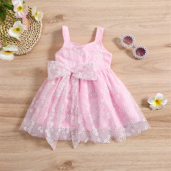FOCUSNORM/ рокля на принцеса за момиченца от 0 до 4 години, без ръкави рокля с флорална дантела, сетчатое рокля с лък за плажната партита