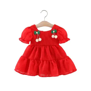 Лятно детско парти за момичета, милото дантелено принцеса рокля черешов цвят с къс ръкав, подходяща за изискани дрехи на детето 1-3 години