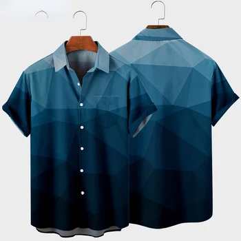 022 Мъжка риза с къс ръкав и ревера, проста риза на 18 ленти, мъжка риза с 3D принтом и джоб