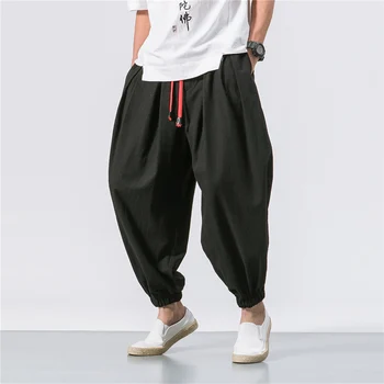 Мъжки ленени панталони, модерни ежедневни свободни ленени зреещи с еластична гумена лента за кръста, панталони с дължина до щиколоток, мъжки