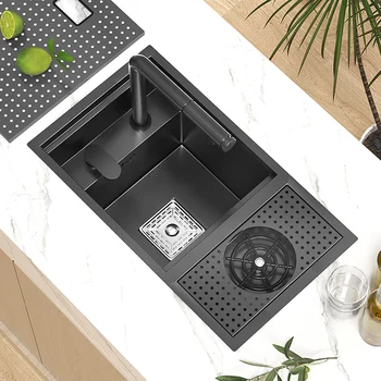 Кухненска мивка От черна нано неръждаема стомана, скрит мивка, Бар мивка с малки размери С мивка за чаши Върху поставка, Престилка Отпред за дома