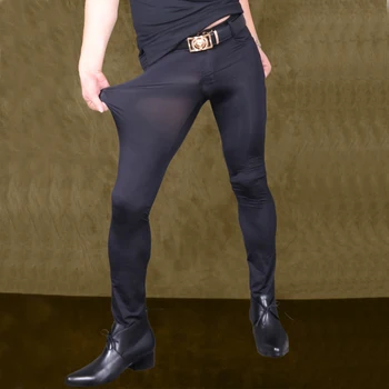 Секси мъжки прозрачни панталони от коприна Лед, прозрачна стегнати ластични панталони, копринена панталон-молив, еротично бельо, клубни облекла за гейове F90