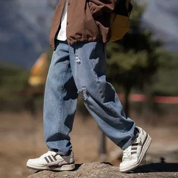 Модни Дънки с волнистостью, мъжки ежедневни прави панталони, градинска облекло в стил хип-хоп, дънкови панталони-зреещи Облекло