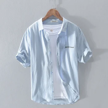 Лятна мъжка раирана риза от чист памук с къс ръкав, японската мода, бродирани букви мъжки блузи с квадратни деколтета, Върхове