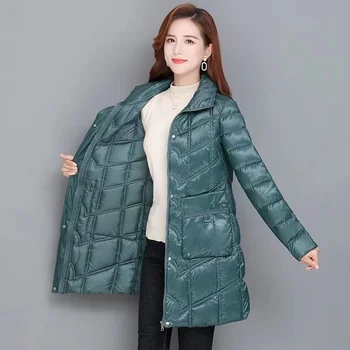 Гланцово зимно палто 6XL, дамски памучен стеганая яке с тънка талия, Топли паркове, Връхни дрехи, модни ежедневни дамски палта с дълъг шал яка подпора
