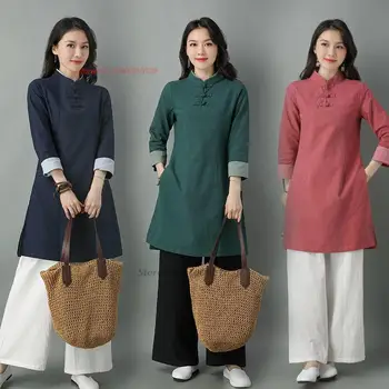2023 китайска реколта блуза ципао, дамски блуза ханфу, памук бельо костюм дзен, костюм тан, върхове ципао, ориенталски чай, риза ханфу