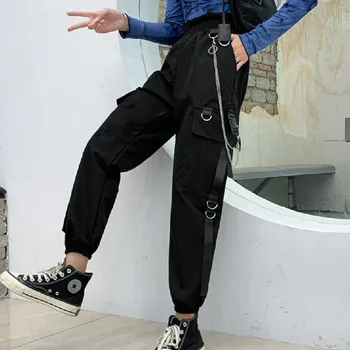 Дамски панталони сафари черен цвят със странични джобове, дамски панталони с еластични маншети, ежедневни панталони-cargo