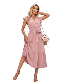 EINYOO Пролетно-лятно ежедневното ново однотонное дантелено рокля с V-образно деколте и колан за жени