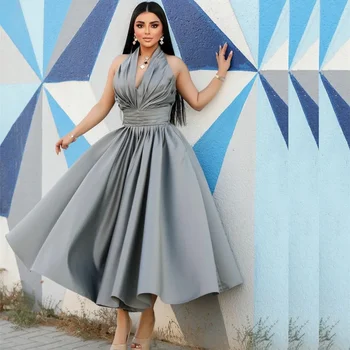 Дубай, арабските сиви секси рокли за бала трапецовидна форма, за жени, по-големи Размери, кратък силует, висок разрез от двете страни, драпирани гънки, Официално облекло, без облегалка