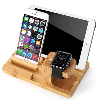 Тенис на притежателя на мобилен телефон, поставка за iPad, на стена от естествен бамбук, поставка за зареждане на Apple Watch Pad Phone Tablet