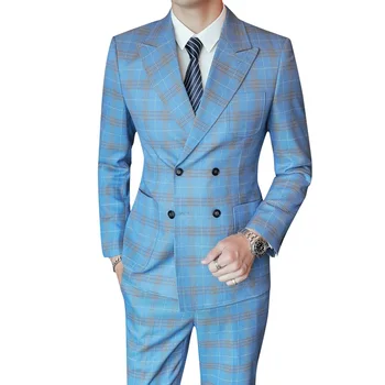 Мъжки костюми, Луксозен модерен мъжки бизнес случайни син костюм в клетка от 3 теми, сватбената рокля на булката, смокинг