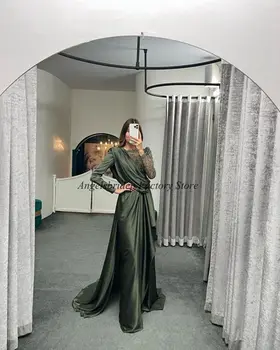 ANGELSBRIDEP Зелени Рокли на Русалка за бала с дълги ръкави, бродирани с мъниста, елегантна рокля от Саудитска Арабия, женствена рокля за сватбеното парти, вечерни рокли