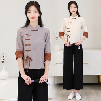 Традиционната китайска облекло за жени, блуза Hanfu Qipao, бельо casual дзен-чай, етническа върховете Чонсам, ориенталски елегантни сака