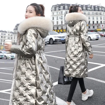 Корейски блестящи дамски якета, парк 2021, дамско зимно яке на утином топола с качулка и голяма яка от лисьего кожа, пуховое палто