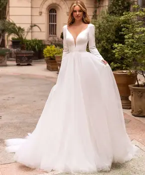 Елегантна сватбена рокля трапецовидна форма с V-образно деколте и дълги ръкави, сватбени рокли с стреловидным влак, атласное тюлевое рокля големи размери, Vestidos De Новия