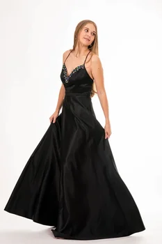 Дамски елегантни сатенени вечерни рокли с V-образно деколте, абитуриентски рокли с дължина до пода, за бала