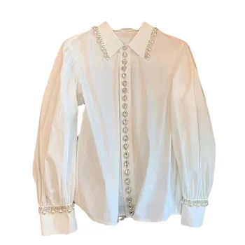 Ризи с благородни камъни, Женски Бели Ризи с дълъг ръкав, Дамски Блузи с пайети, Camisas De Mujer, женска Риза с копчета