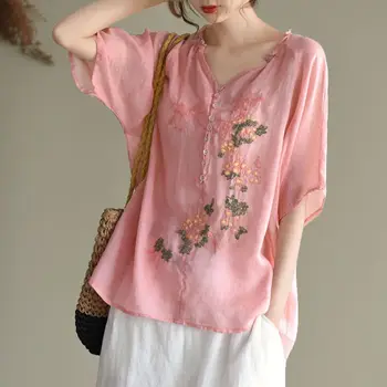 Нова памучен дамски риза с китайската бродерия, лятна блуза за почивка, ежедневни блузи, дрехи за жени, дрехи на тънки копчета с V-образно деколте, A68