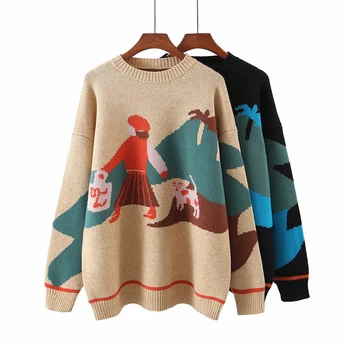 ZA 2020, Женски Есенно-зимния пуловер с анимационни шарките, 2 цвят, Дебел Пуловер с Кръгло деколте и дълъг ръкав за момичета, Ежедневни Пуловери Свободна Плетени