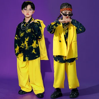 Детски костюм за улични танци в стил хип-хоп, жълта жилетка, панталони, широки ризи, джаз концерт костюм за момичета, дрехи за сцената за момчета BL7597