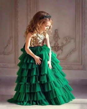 Зелена Многослойно рокля със златни пайети от Тюл, Украшенное Цветя Модел За Момичета, Сватбена Сладка Бебешка Рокля на Цветчета За Причастие, Рожден Ден, Бална Рокля