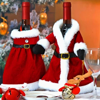 Калъфи за бутилки вино, шал, шапка, червено бархатное рокля, Коледни бутилки за вино, чанта, бижу, ръкав, Коледа нова година декор на масата за хранене