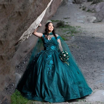 Изумрудено-Зелени Тучни Рокля Бална Рокля От Мъниста С 3D Цветя И Правотата Vestidos 15th Birthday Party Sweet Princess Dress 16